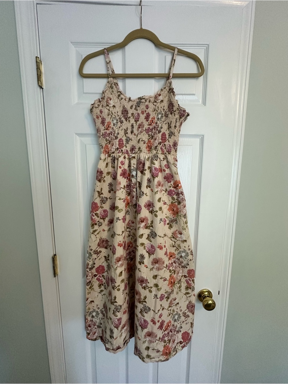 Smocked Floral Midi Dress in Cream and Pink